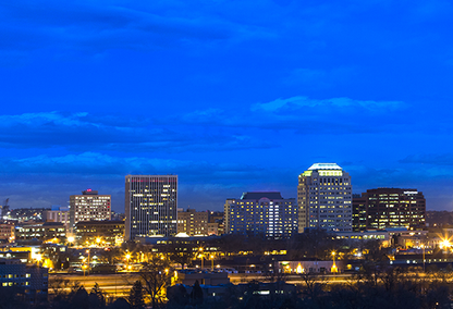 downtown skyline of Colorado Springs, Colorado, at night.